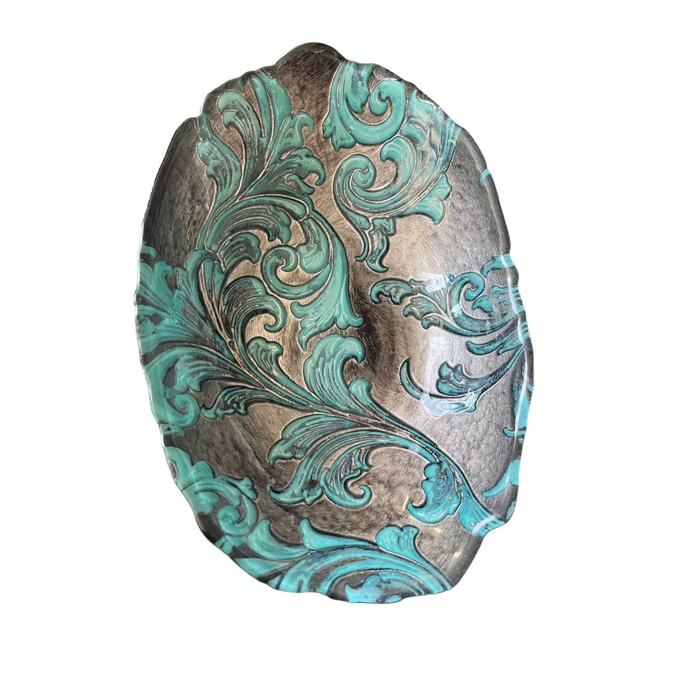 Arda Turkish Glassware Vanessa Oval Bowl Turquoise Silver Paisley made in Turkey